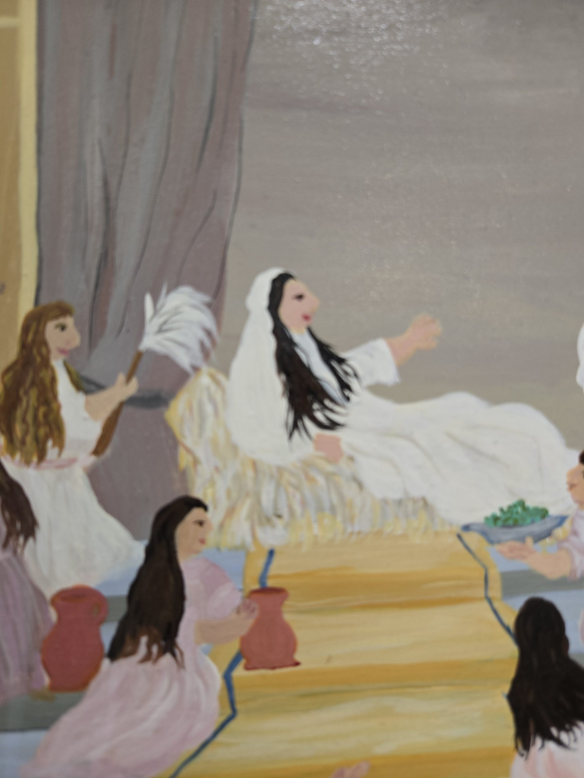 Gemäldeausschnitt, auf dem zwei junge Frauen in weißen, langen, wallenden Kleidern zu sehen sind